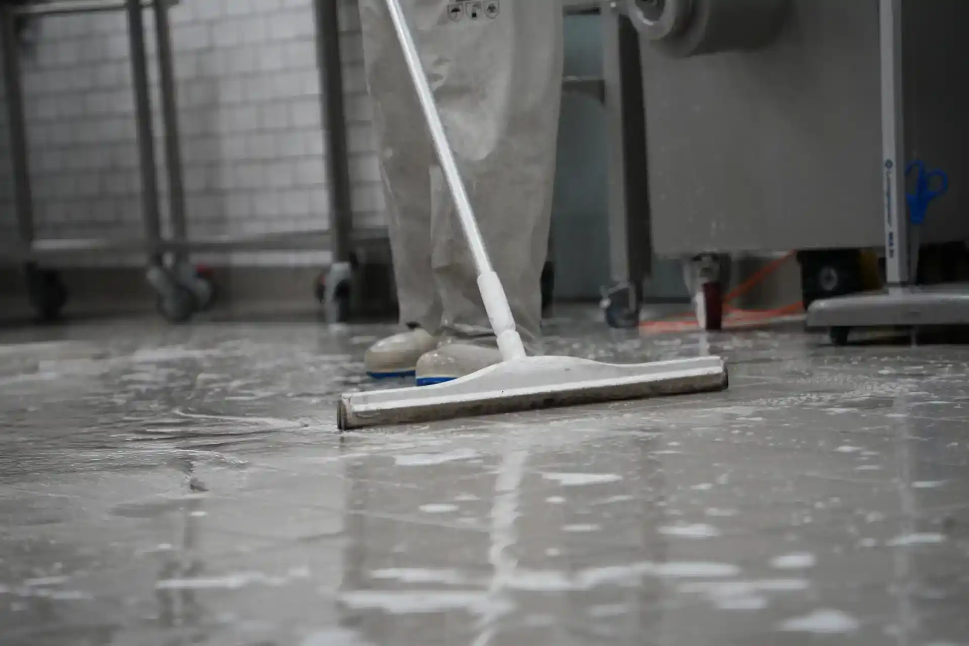 Person, der fejer et industrielt gulv med moppe i et rengøringsmiljø.