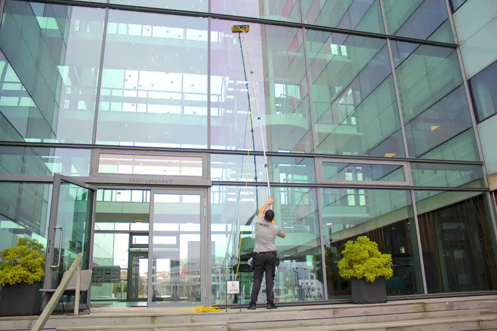 Rengøring af store glasfacader på kontorbygning med professionelt udstyr.
