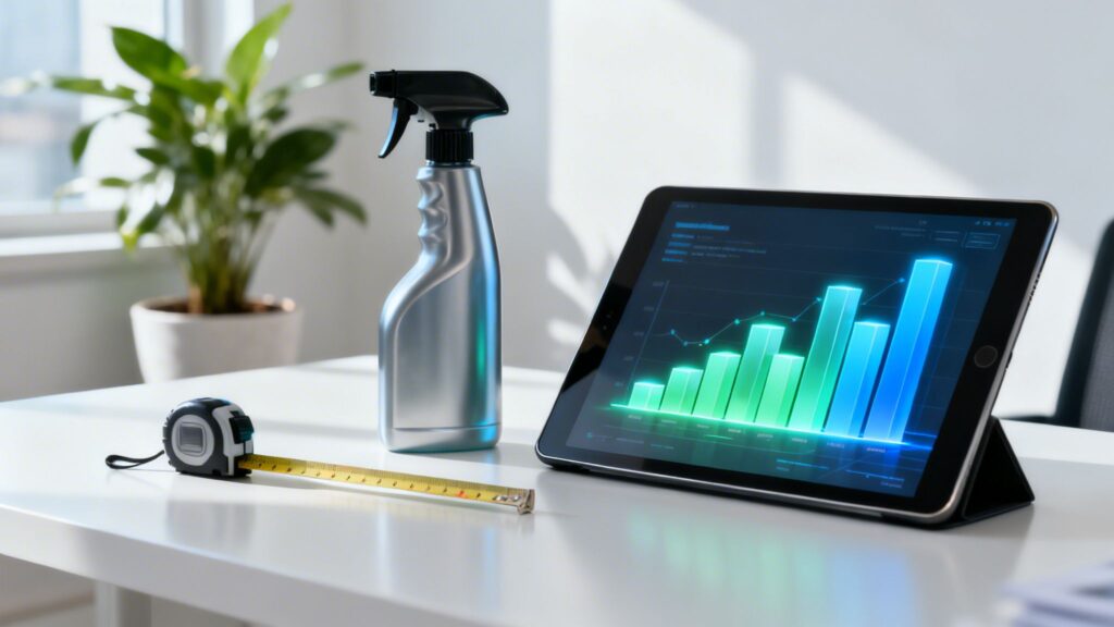 Rengøringsspray, målebånd og tablet med vækstdiagram på kontorborscene.