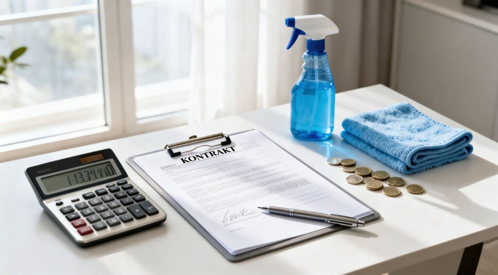 Rengøringsudstyr, kontrakt, mønt, og regnemaskine på skrivebord.