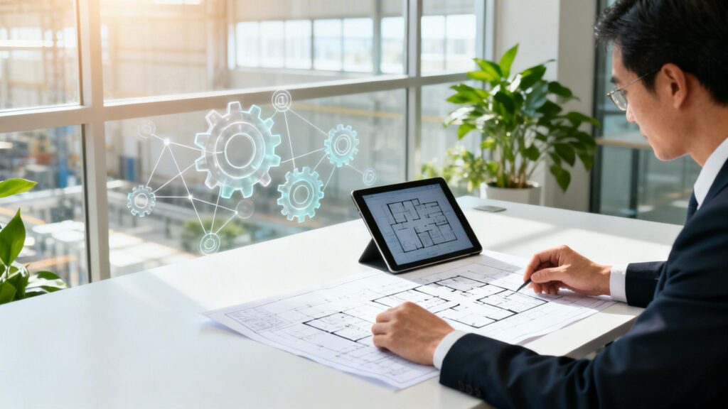 Mand arbejder med bygningsplaner og digitale værktøjer i et lyst kontor.