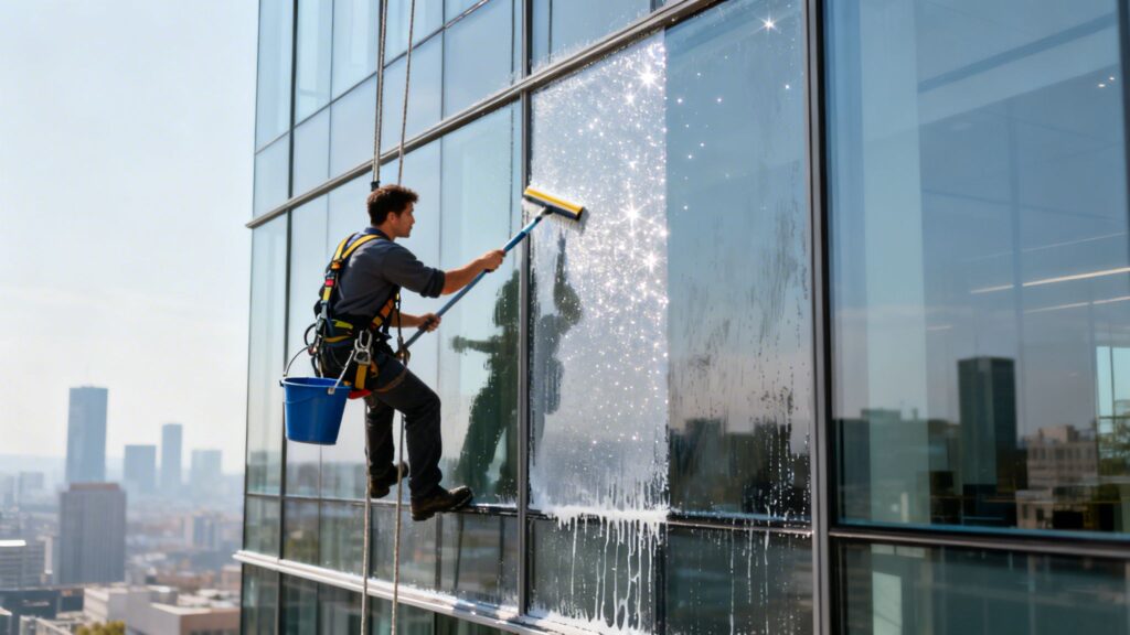 Mand rengør vinduesfacade på højt kontorbygning med skum og vand.