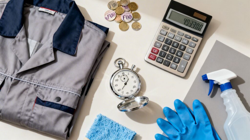 Rengøringsudstyr, herunder vaskerumsservice, timer, calculator og rengøringsmiddel.