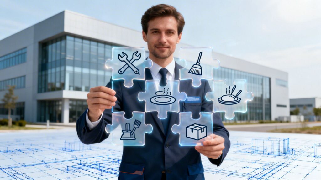 Forretningsmand holder puslespil med tekniske ikoner foran moderne kontorbygning.