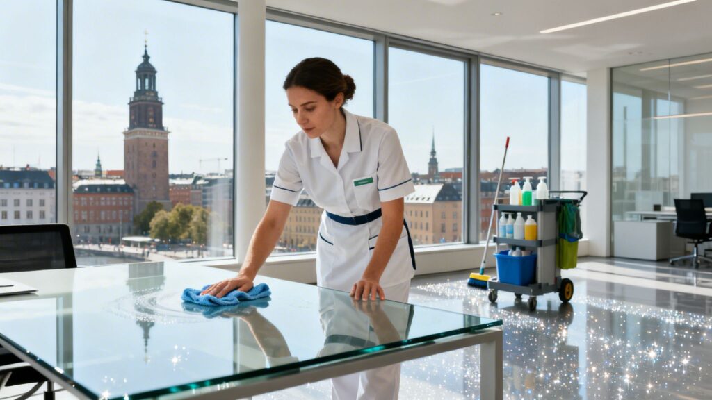 Rengøringsservice til kontorer med store vinduer og byudsigt.