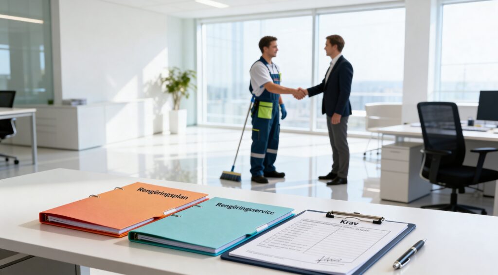 To mænd håndhænder i et moderne kontor, en rengøringsmedarbejder og en forretningsmand.