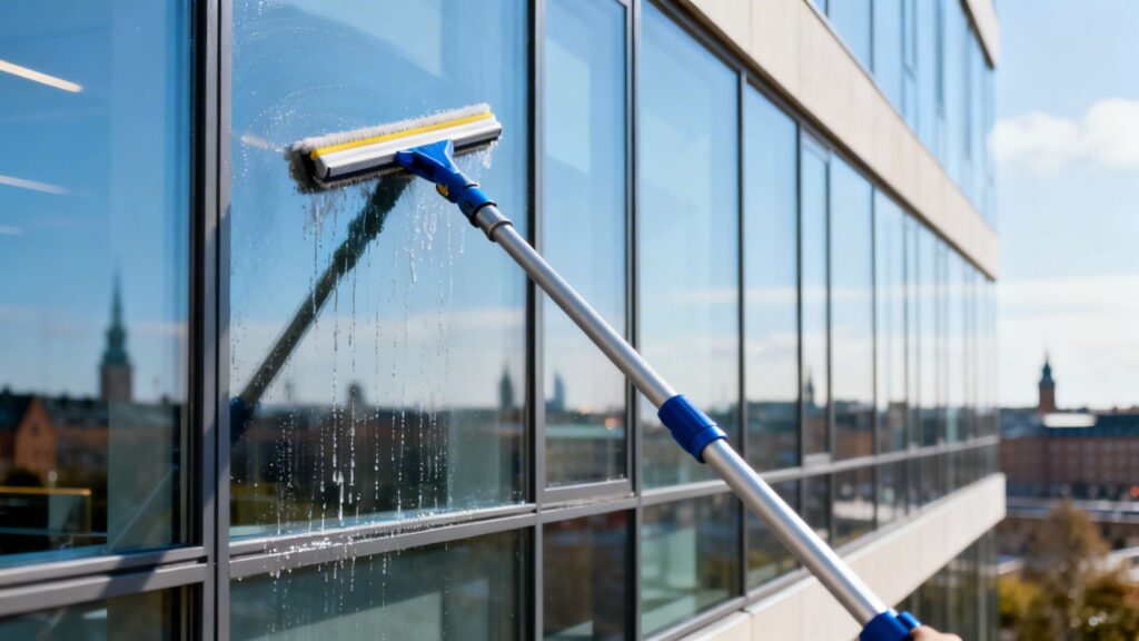 Rengøring af glasfacade med skuresvamp og teleskopskaft.