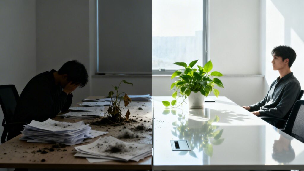 Billedet viser to personer i et kontormiljø, hvor den ene sidder ved et bord med papirer og jord, me.