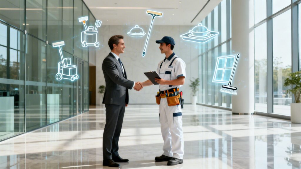 To mænd i samtale, en i forretningsdragt og en i arbejdstøj, i moderne kontorbygning.