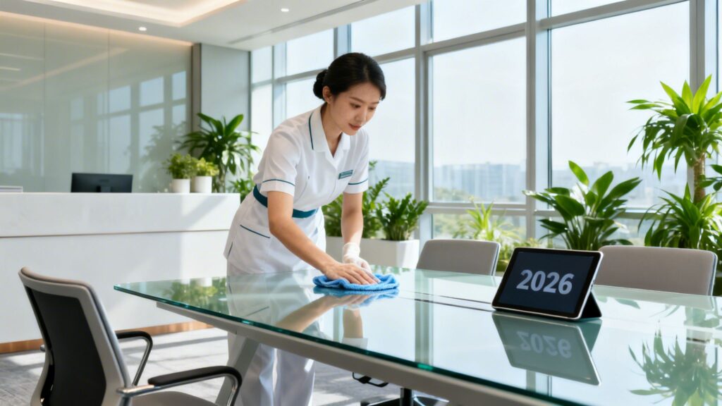 Rengøringsmedarbejder i et lyst kontor, der støvsuger et bord med store vinduer i baggrunden.