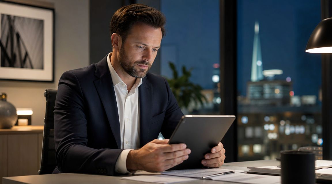 En professionel forretningsmand, der arbejder fokuseret på sin tablet ved et skrivebord på et moderne kontor om aftenen.