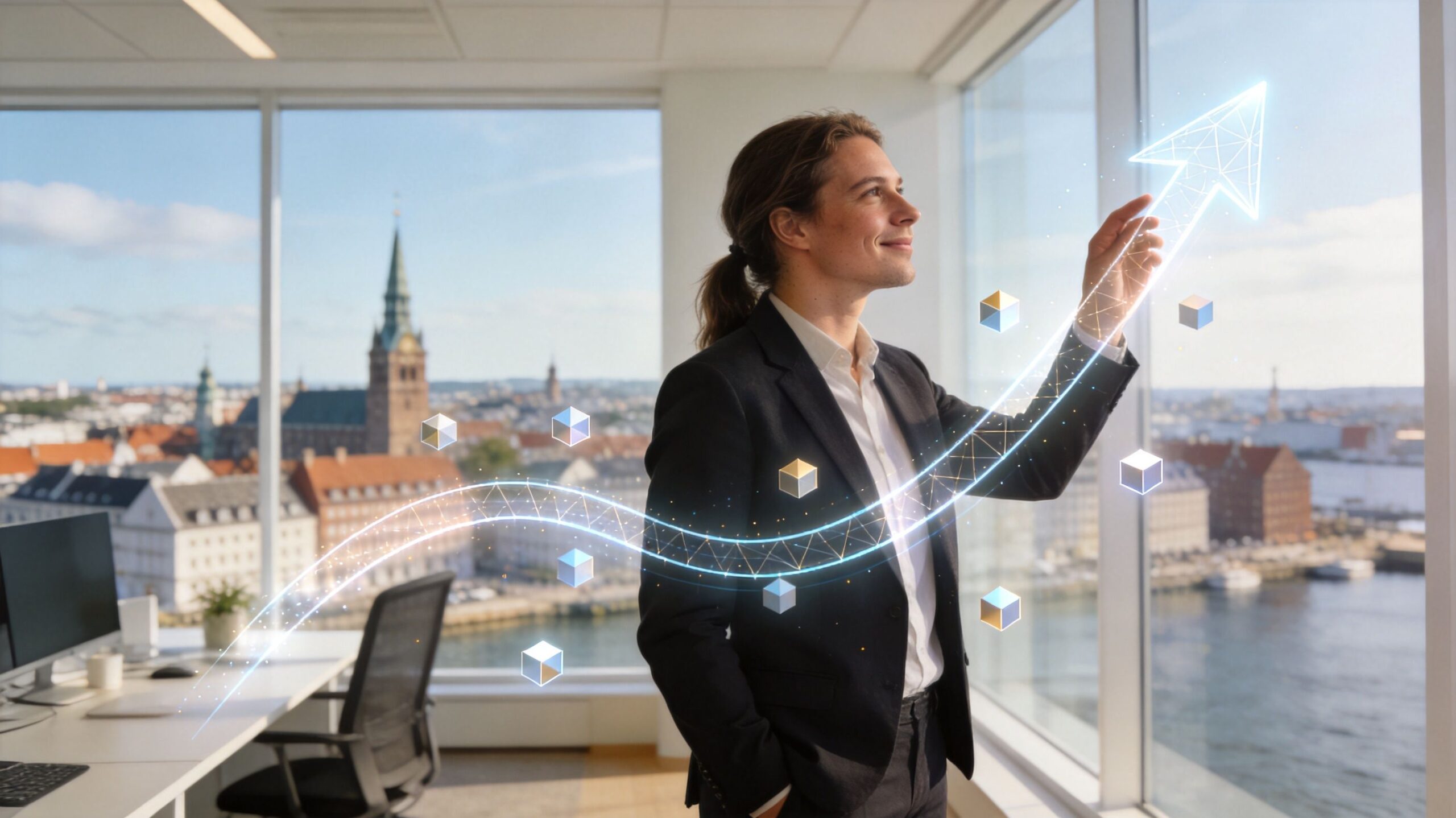 En forretningsmand, der interagerer med en digital grafisk repræsentation af vækst og data foran en byudsigt.