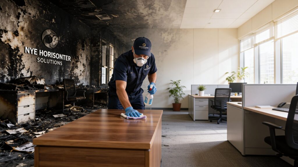 Rengøringsmedarbejder i kontor efter brandskade, professionel rengøring og genopretning.
