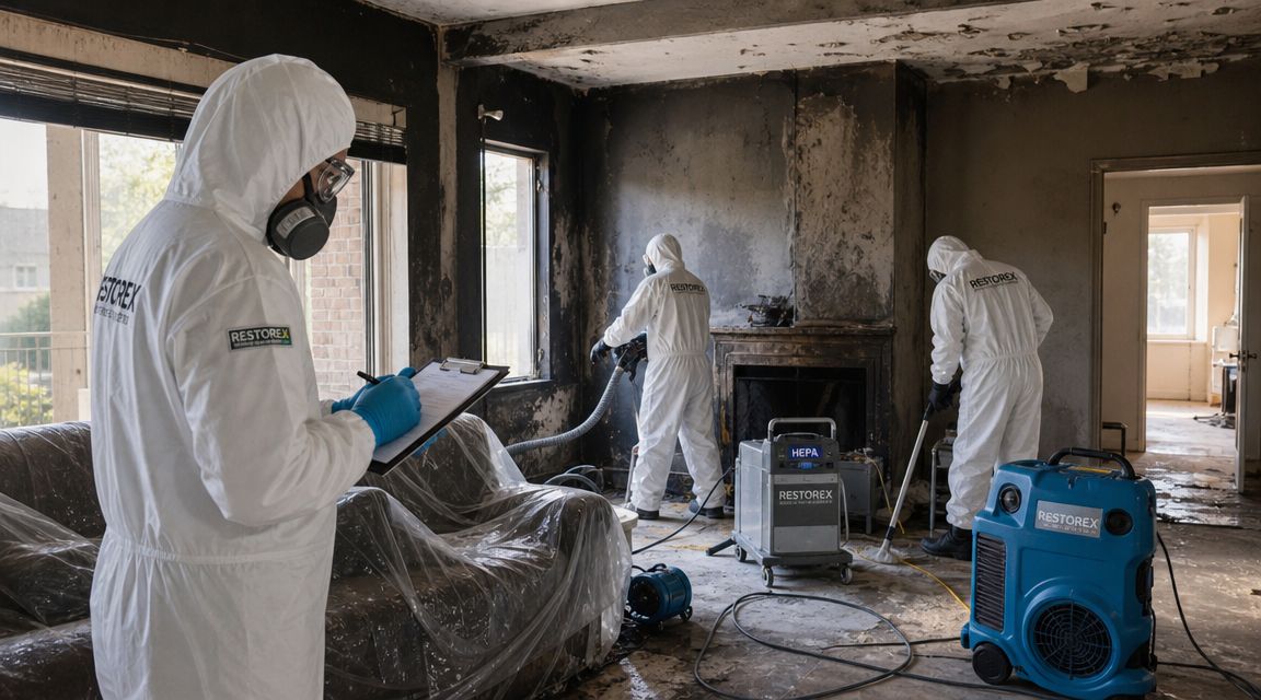 Professionelle rengøringsfolk i hvide beskyttelsesdragter arbejder med specialudstyr i en bolig, der er blevet skadet af brand.