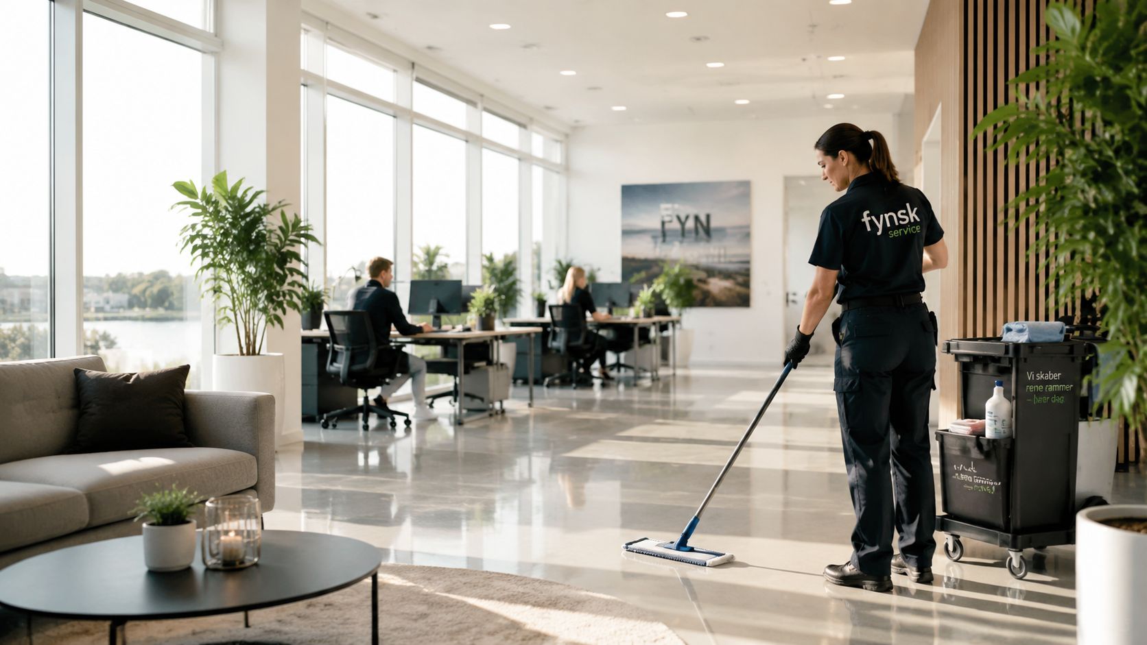 En professionel rengøringsassistent fra Fyn Service mopper et lyst og moderne kontormiljø med store vinduer.