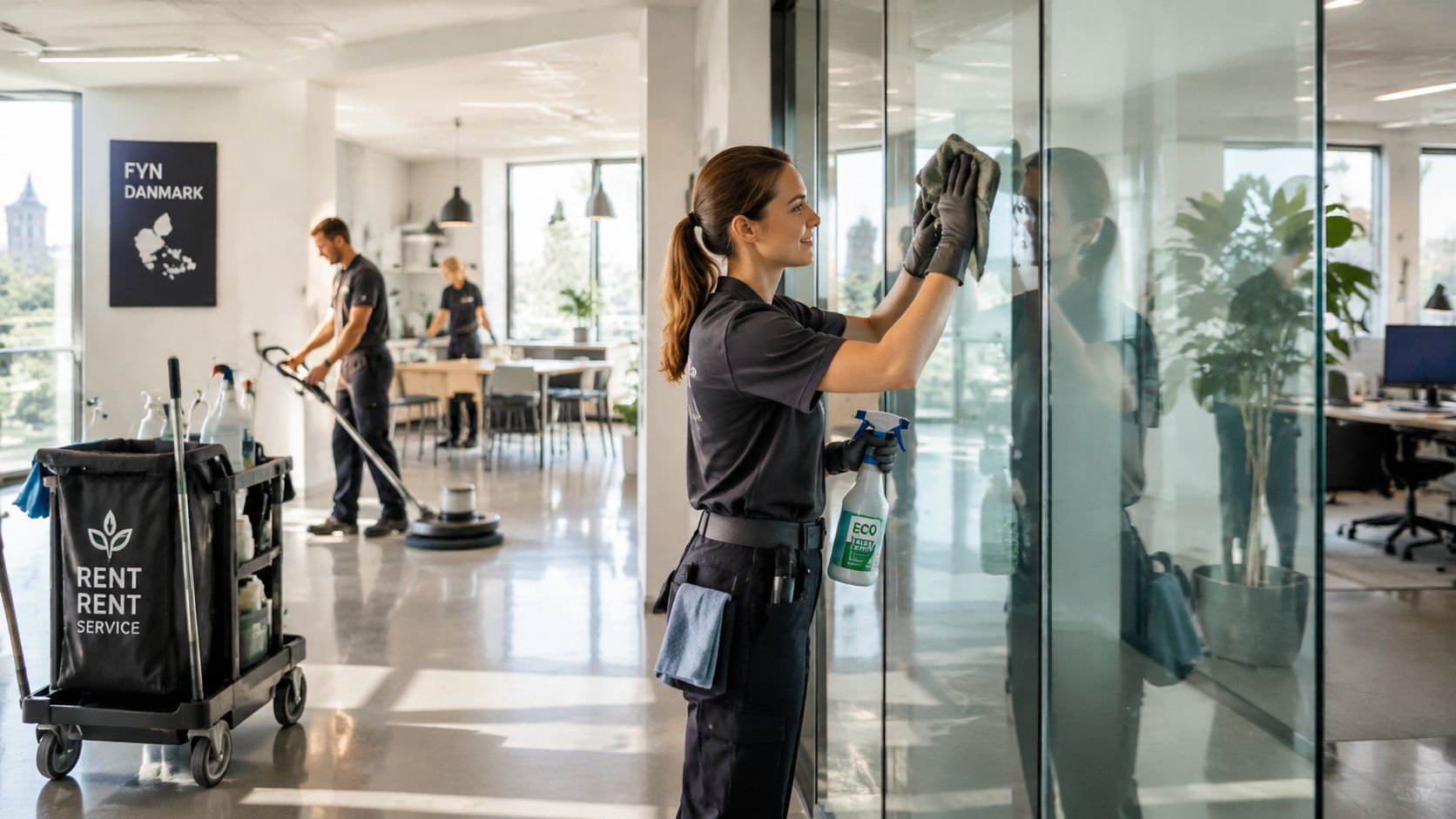 Professionelle medarbejdere fra et rengøringsfirma udfører grundig rengøring af et moderne kontorlandskab i Fyn, Danmark.