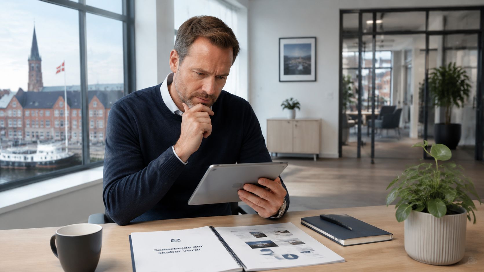 En professionel mand sidder ved et skrivebord på et kontor og læser på sin tablet.