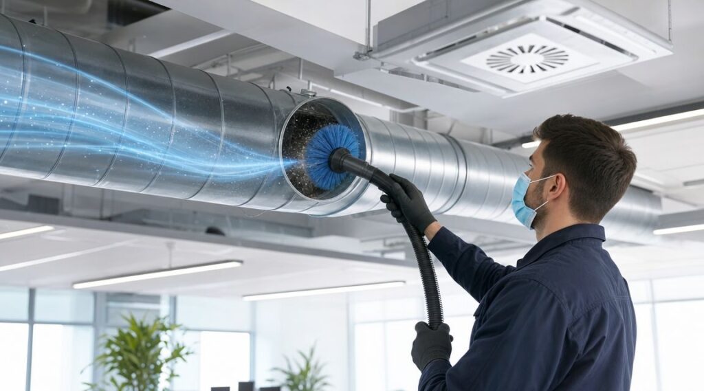Tekniker renser ventilationskanal med specialudstyr i moderne kontorbygning.