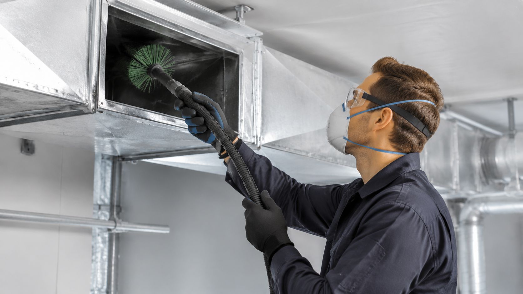 En professionel tekniker rengør ventilationskanaler ved hjælp af en specialiseret børste for at sikre ren luftkvalitet.