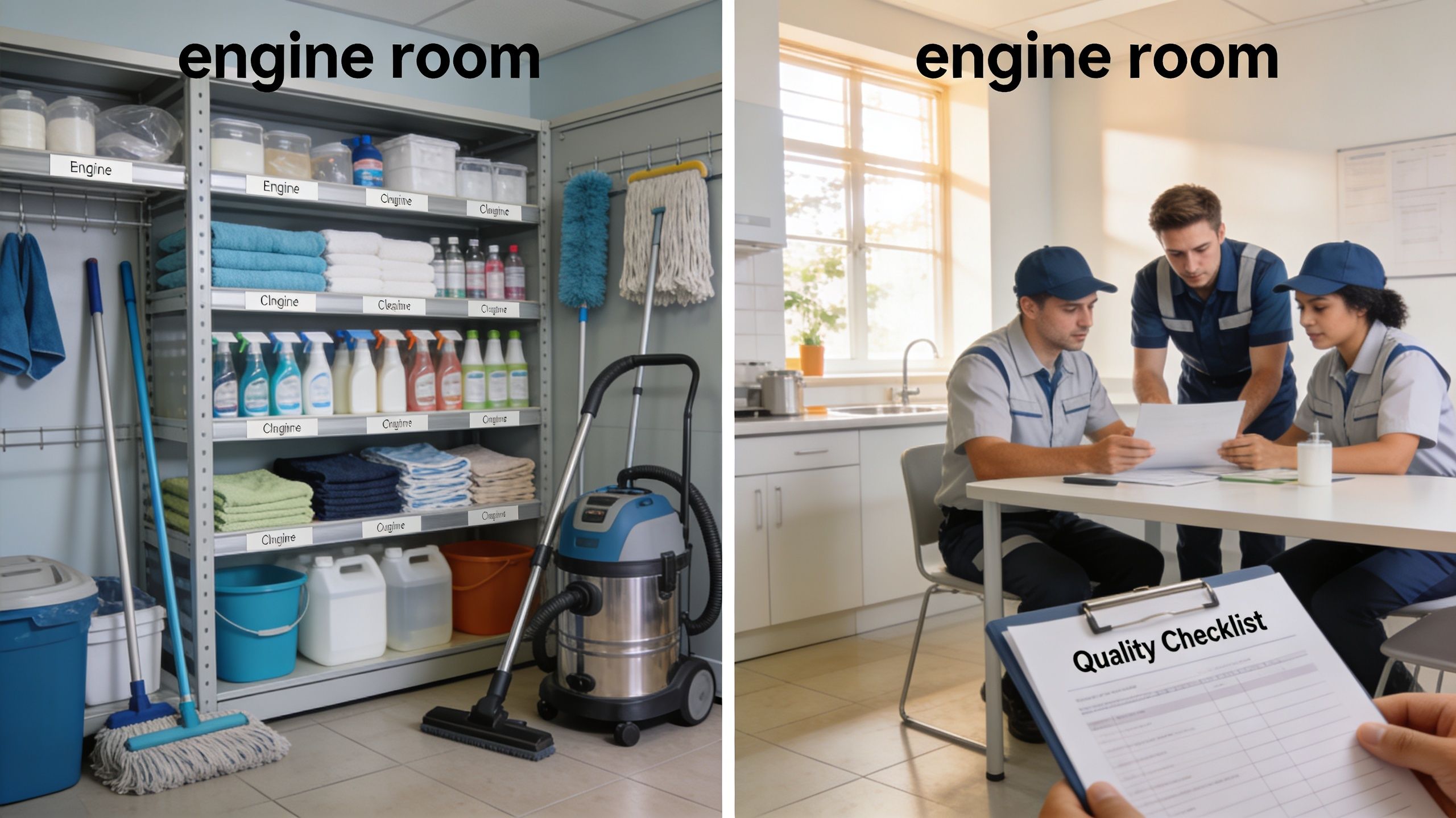 Rengøringsmedarbejdere i et depotrum organiserer udstyr og gennemgår en kvalitets tjekliste til deres daglige arbejde.