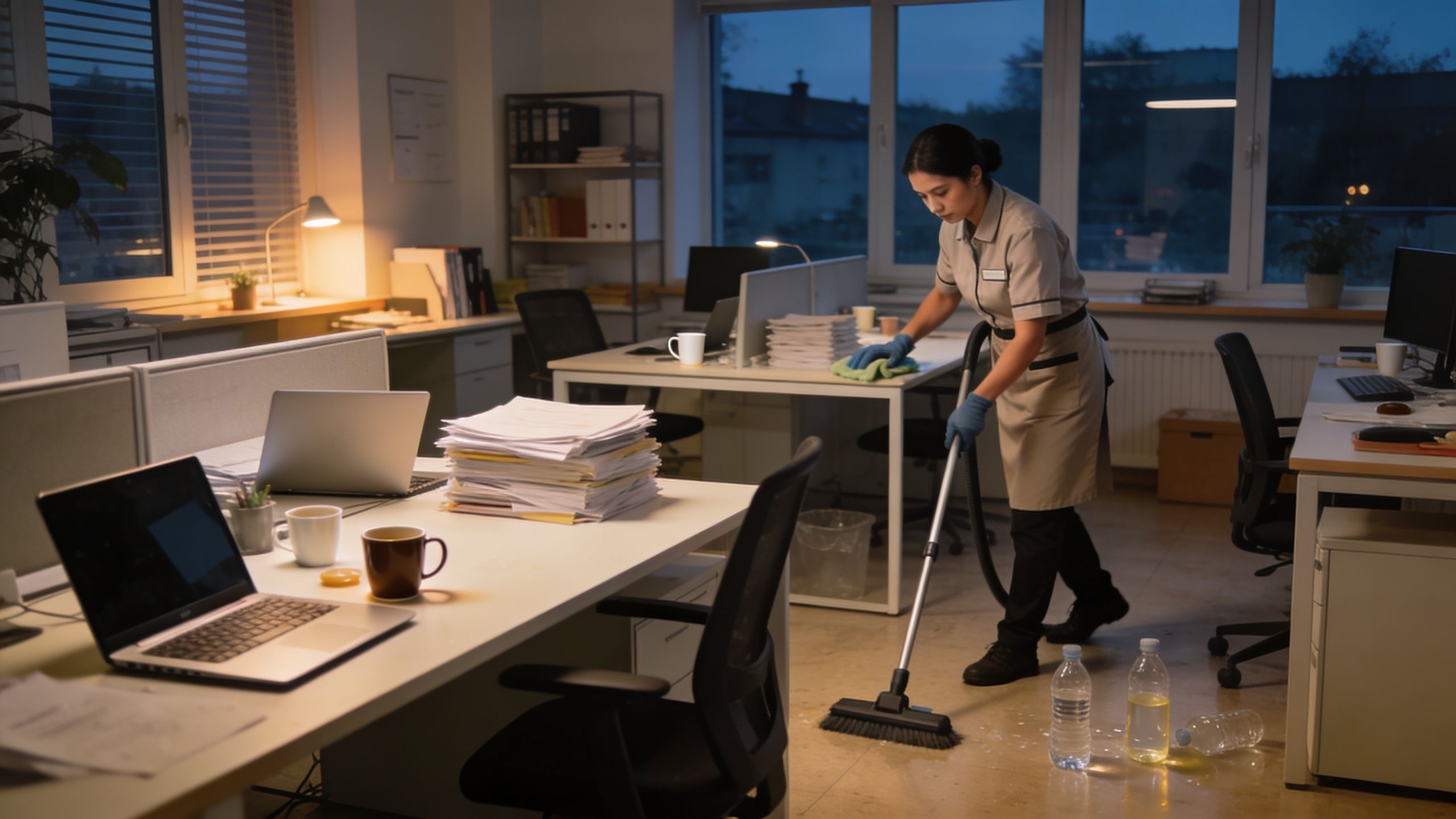 En rengøringsassistent arbejder sent om aftenen med støvsugning af et moderne kontorlandskab med skriveborde og computere.