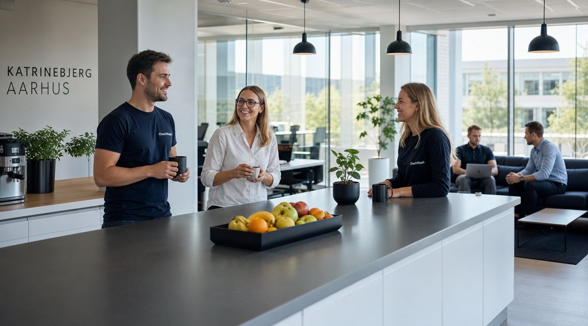 Tre medarbejdere samtaler i et lyst og moderne kontormiljø i Katrinebjerg, Aarhus, med frugt på bordet.
