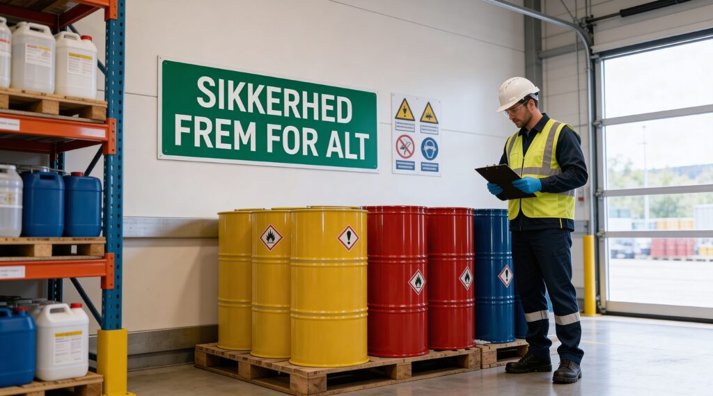 Sikkerhedsforskrifter på lager med kemikalier og sikkerhedsudstyr.