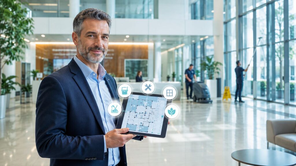 Forretningsmand med tablet i moderne erhvervsbygning, fokus på erhvervsservice og digitalisering.