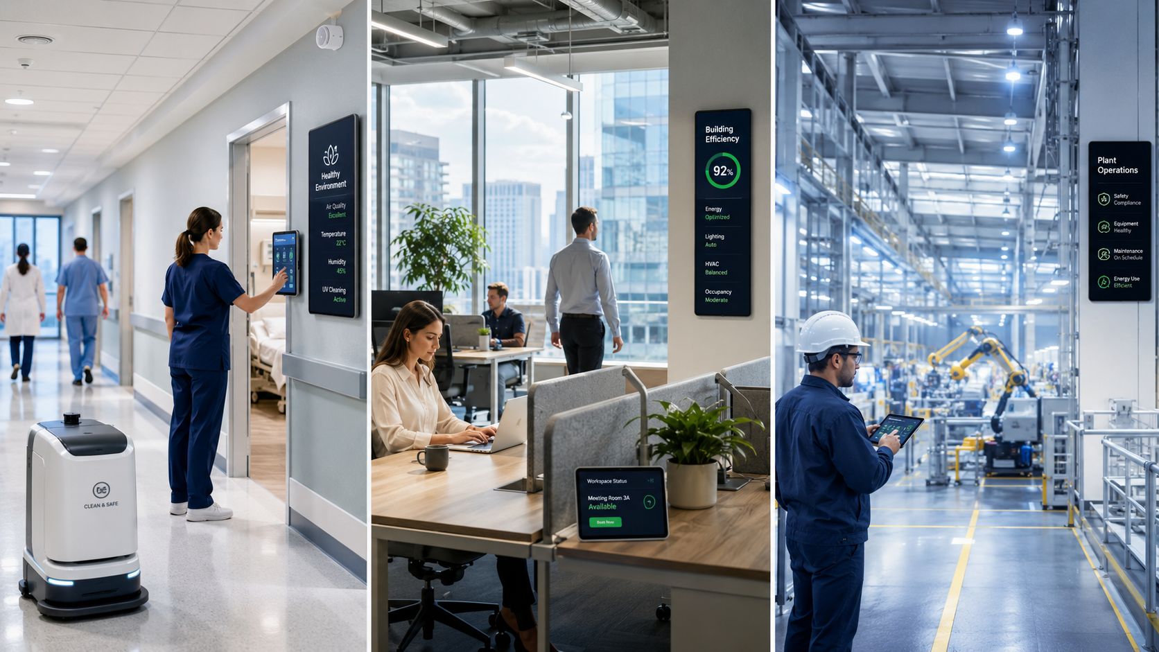 Tre forskellige arbejdsmiljøer med smart bygningsteknologi, herunder et hospital, et kontor og en moderne fabrik.