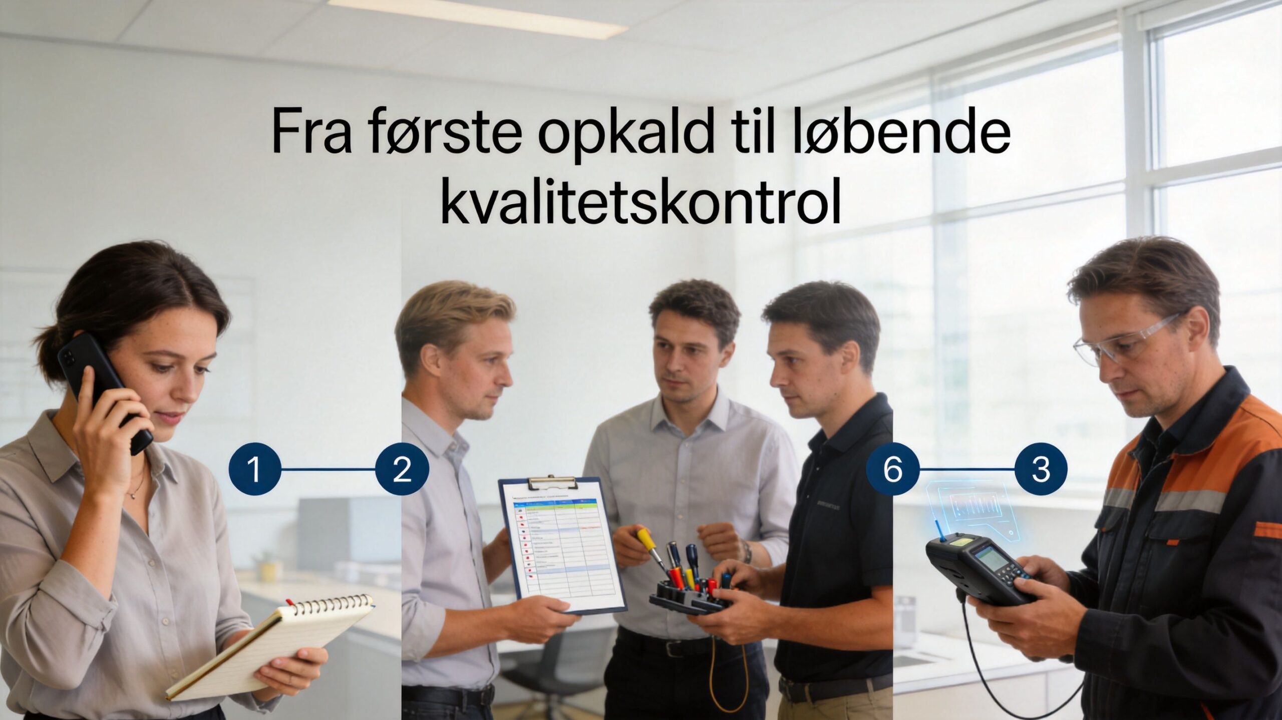En kvinde i telefon, kolleger med skemaer og en tekniker der udfører kvalitetskontrol på arbejdspladsen.