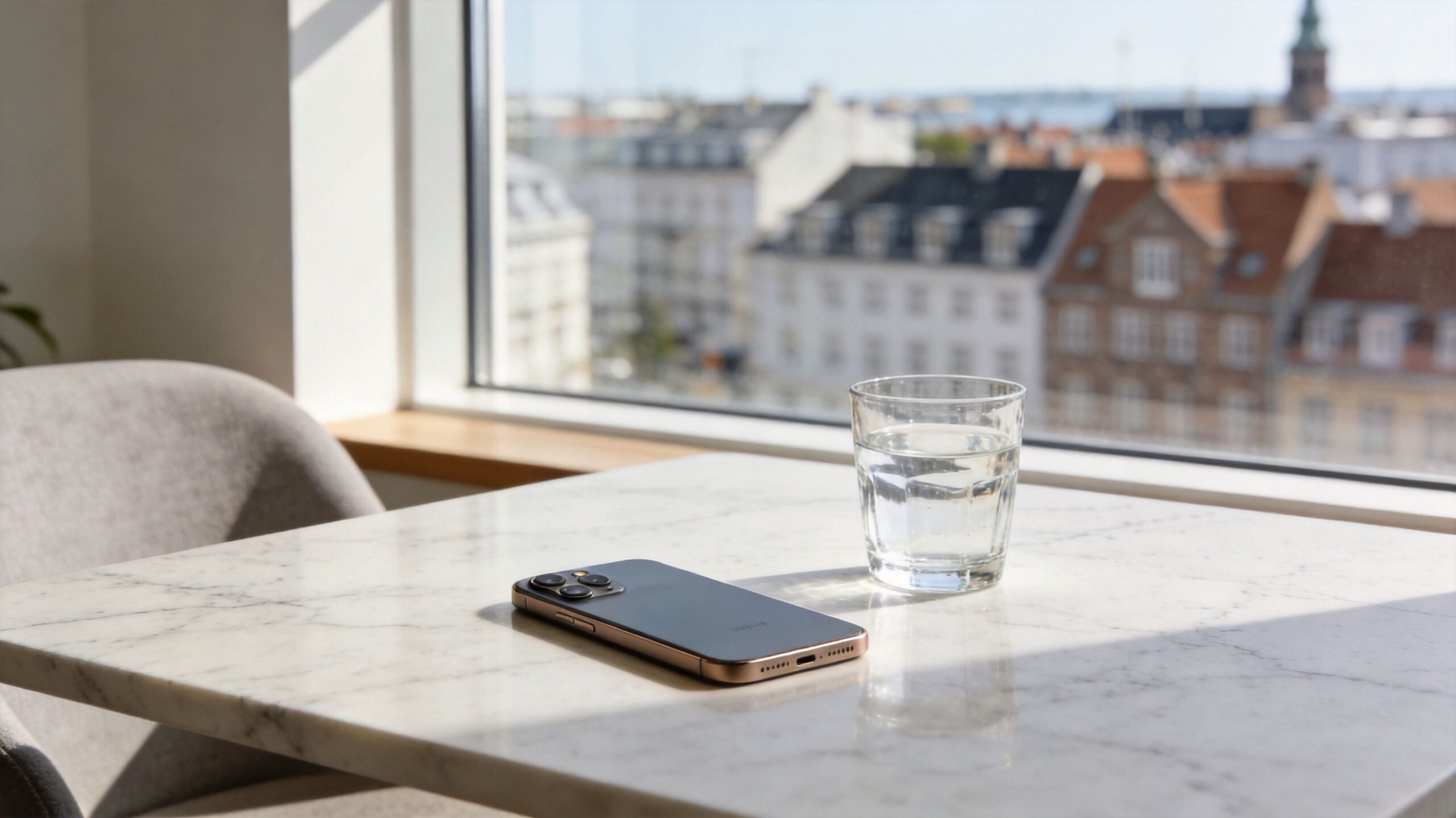 En smartphone og et glas vand står på et marmorbord med udsigt over en by i dagslys.