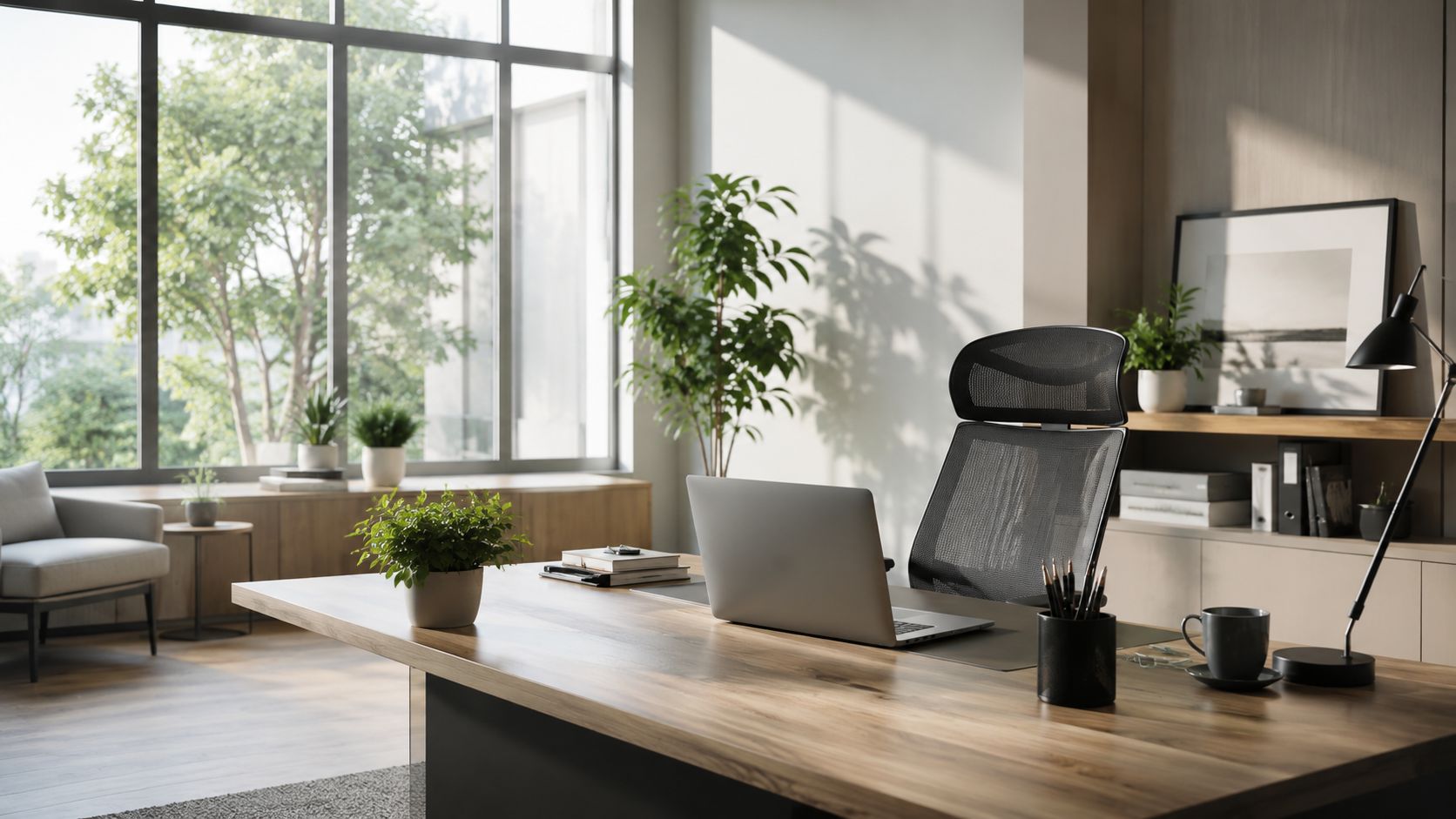 Kontor med stort skrivebord, computer, kontorartikler og grønne planter i et lyst rum.