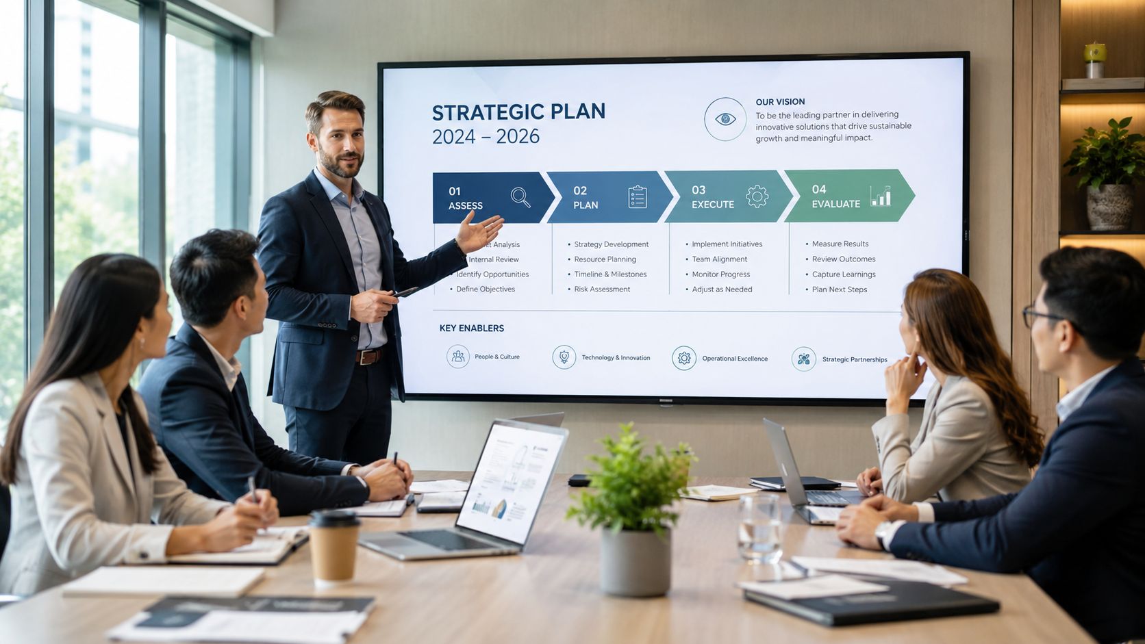 Forretningsmøde med strategisk plan på stor skærm.