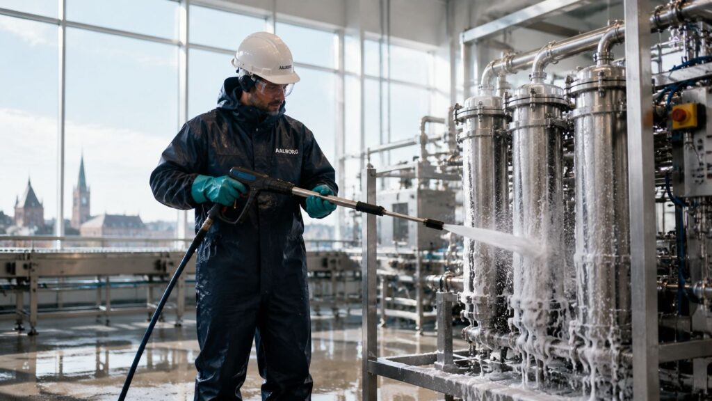 Industrimand i beskyttelsesudstyr inspicerer industrielle maskiner med højtryksrenser.