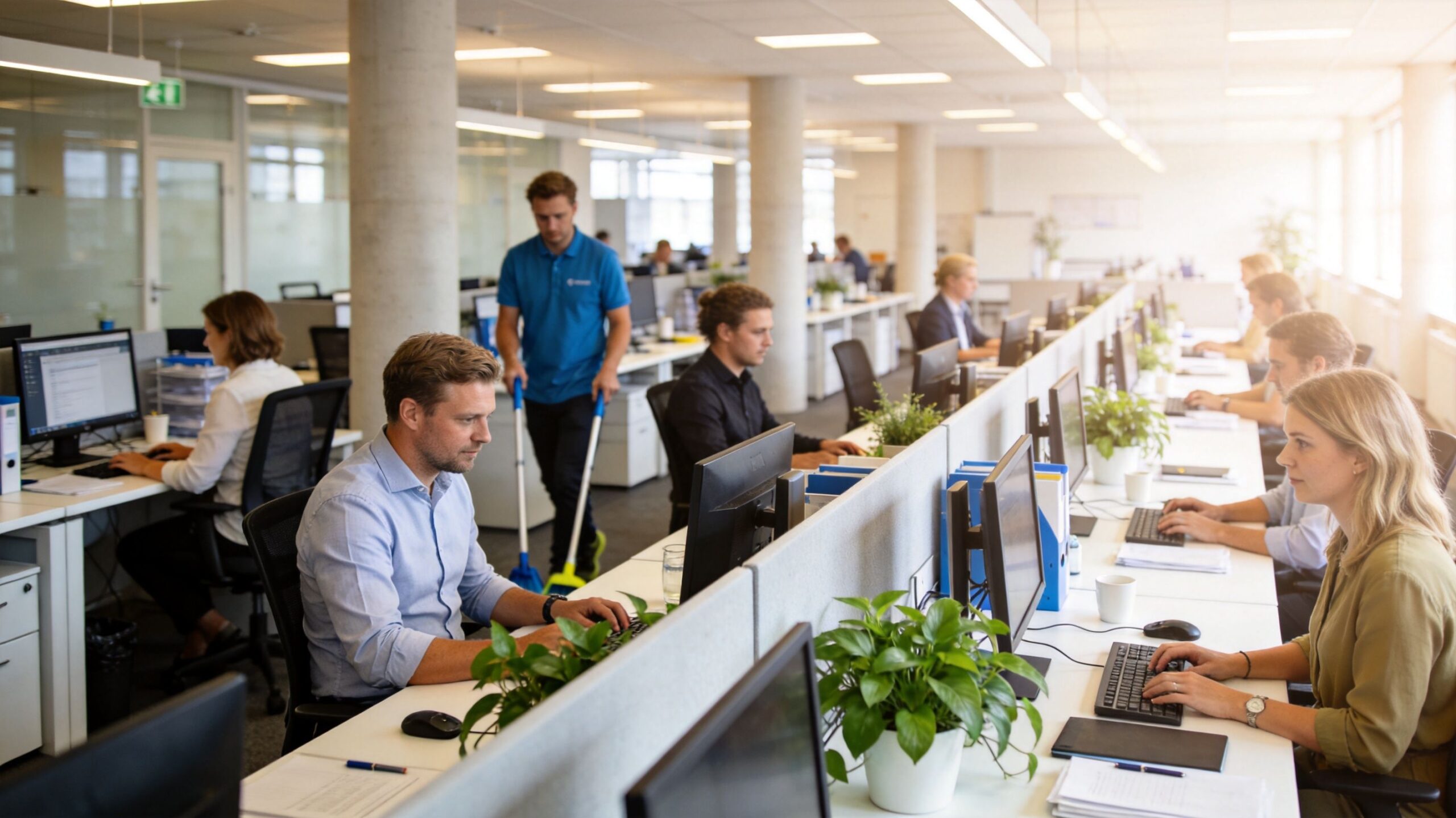 En professionel rengøringsassistent rengør gulvet på et moderne kontor, mens medarbejdere arbejder fokuseret ved deres skriveborde.