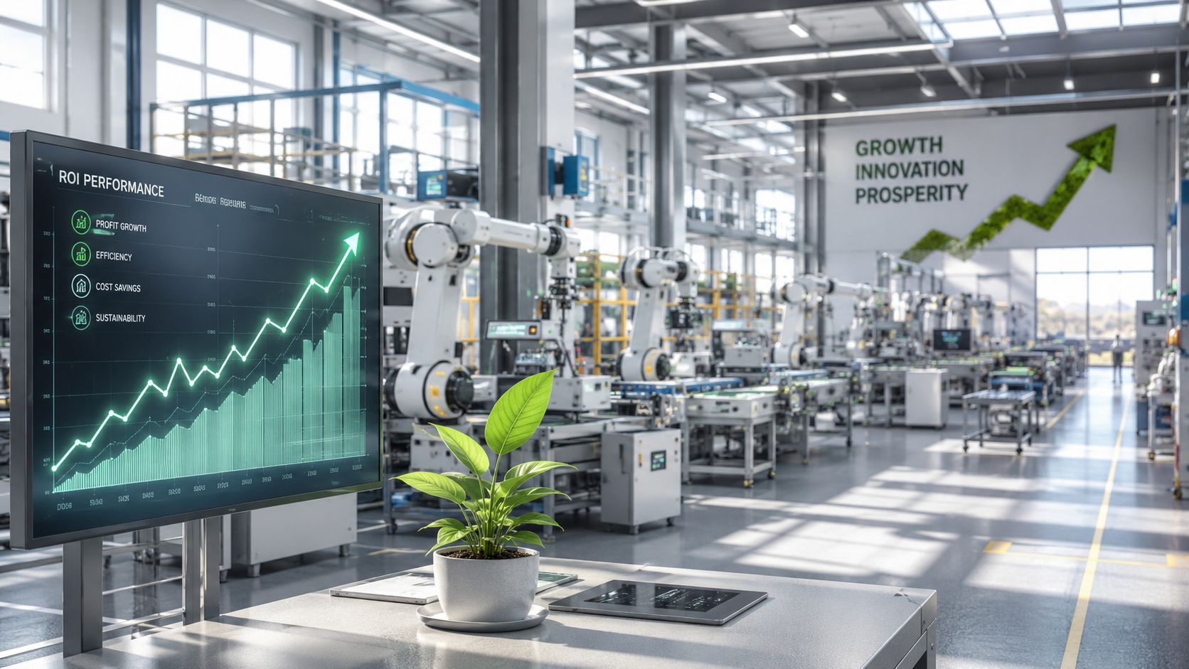 Moderne smart fabrik med industrirobotter, digitale ROI-grafikskærme og en lille plante på et skrivebord.