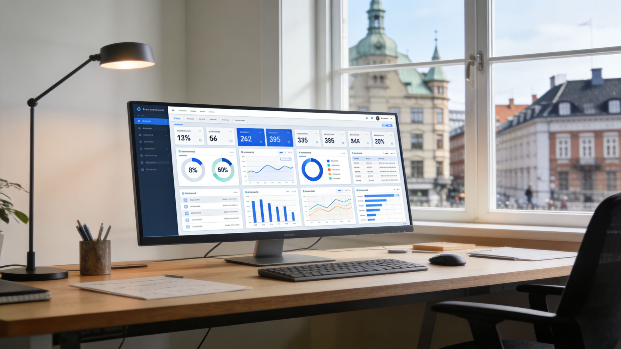 Et moderne kontor med en computerskærm der viser dataanalyser, placeret ved et vindue med udsigt over København.