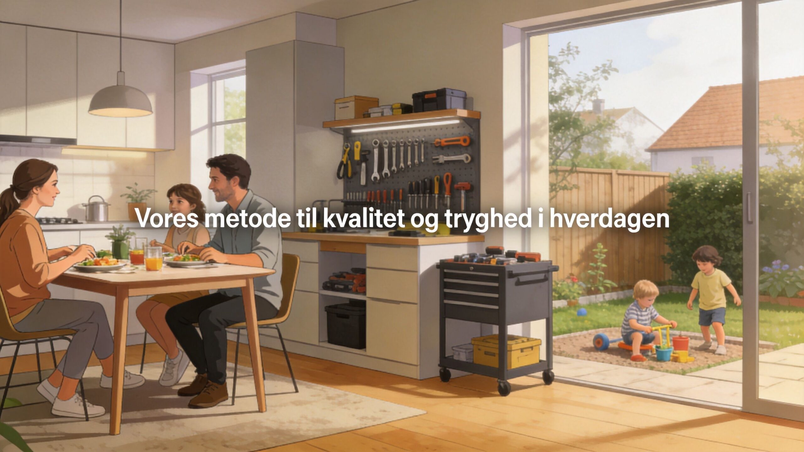 En familie spiser morgenmad i deres hjem, mens børn leger i haven udenfor, hvilket symboliserer tryghed og kvalitet.