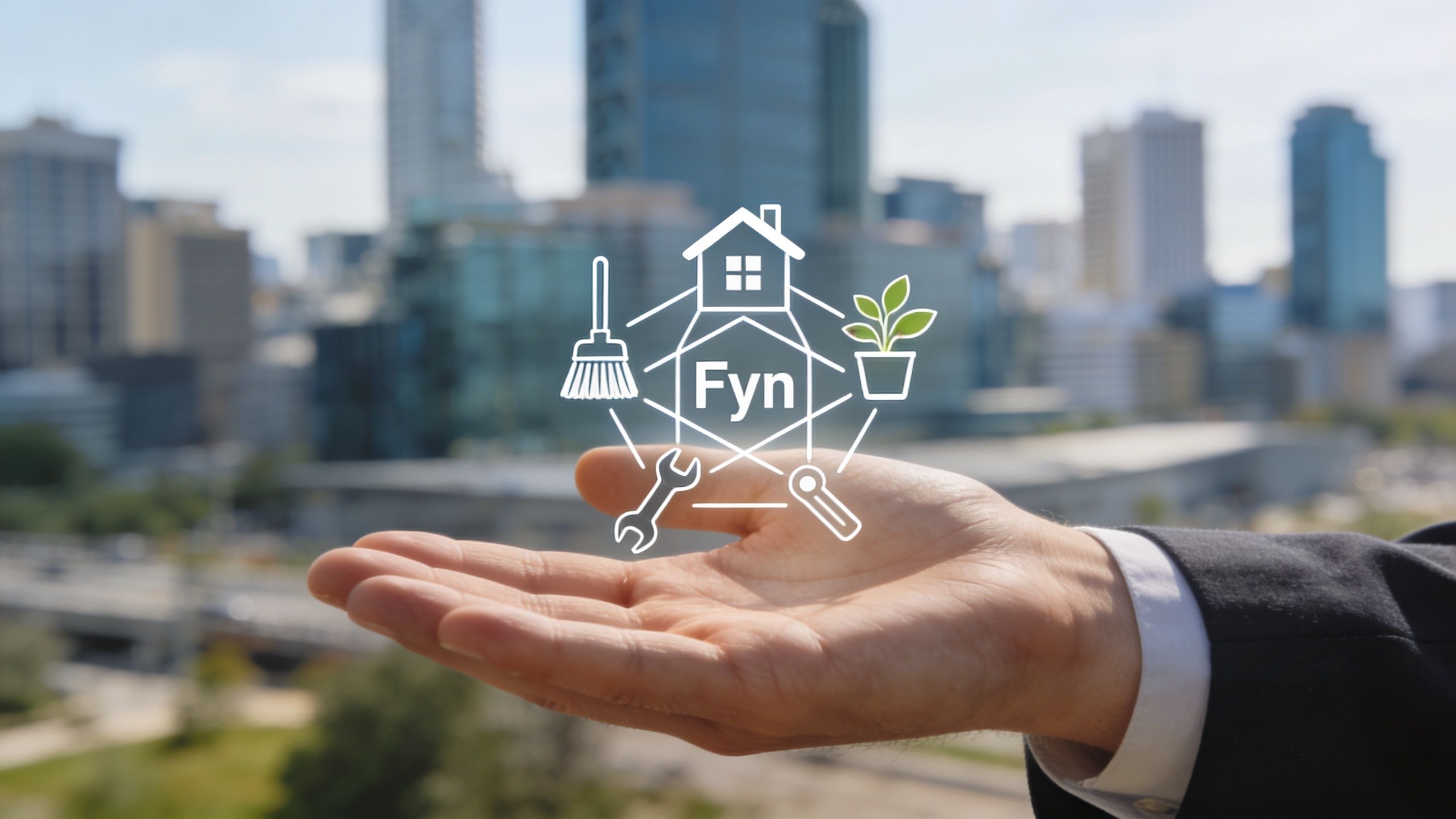 En forretningsmand holder et digitalt Fyn ejendomsservice ikon med symboler for rengøring, vedligeholdelse og havearbejde over byen.