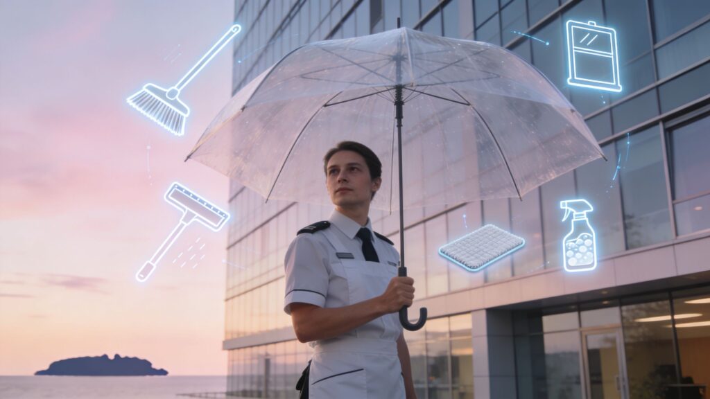 Kvinde i uniform med paraply foran moderne bygning, digitalt overlay af rengørings- og serviceikoner.