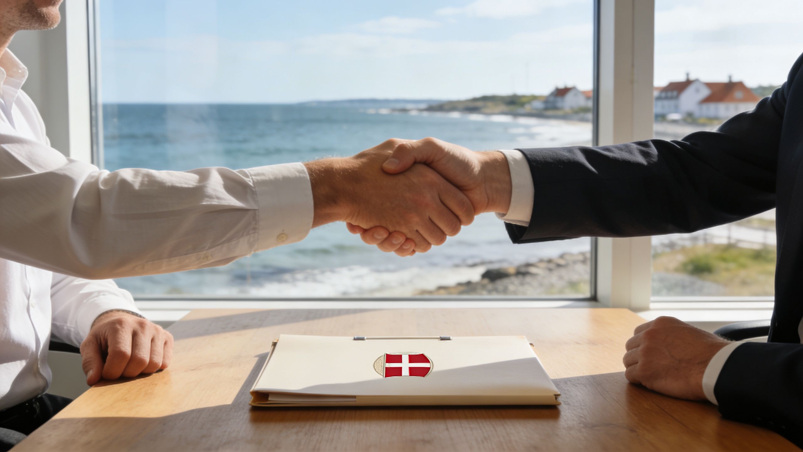 To mænd i formelt tøj giver hånd over et skrivebord med en kontrakt med et dansk våbenskjold.