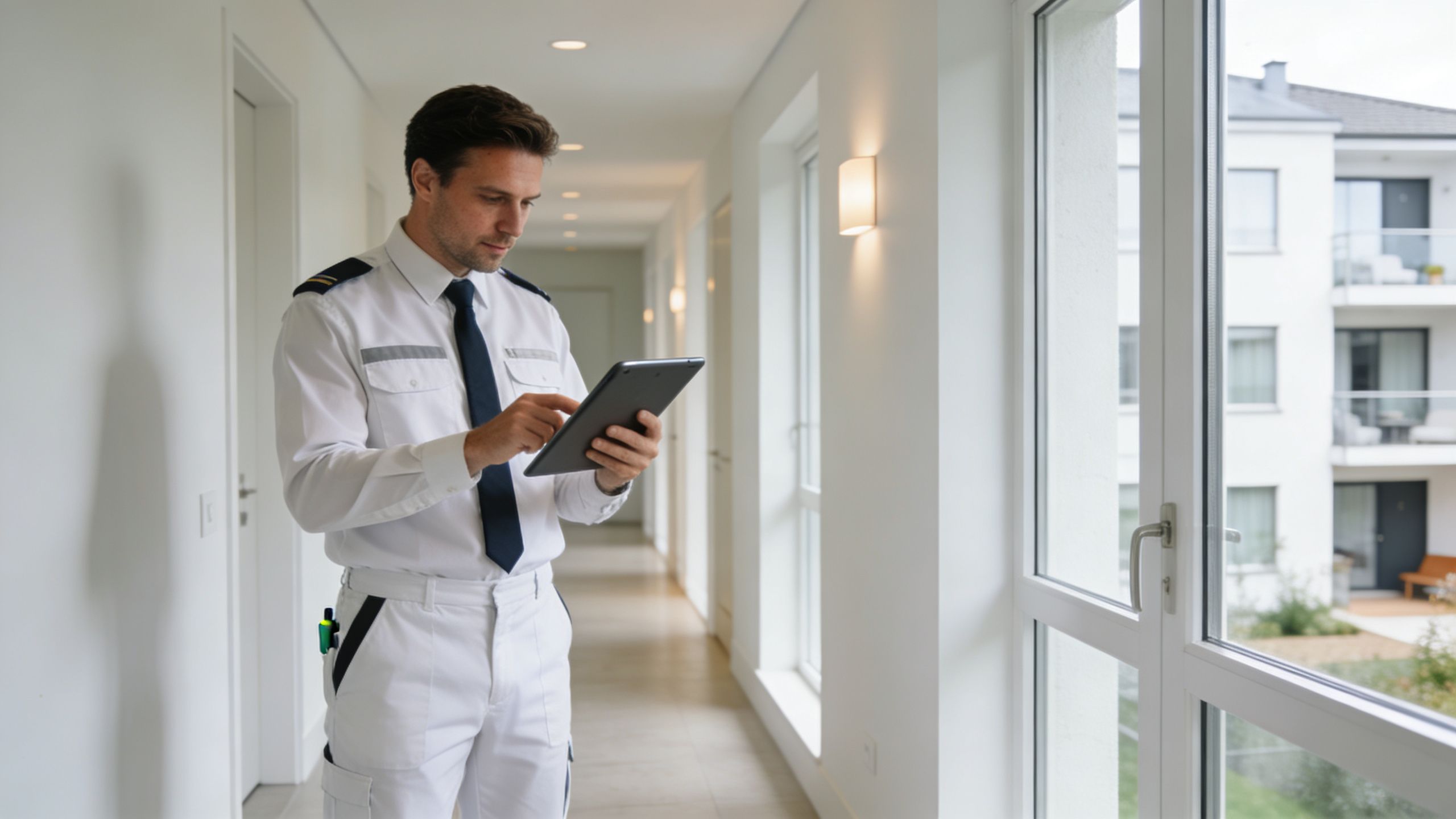 Ejendomsservicemedarbejder i uniform står på en lys gang og tjekker opgaver på sin tablet.