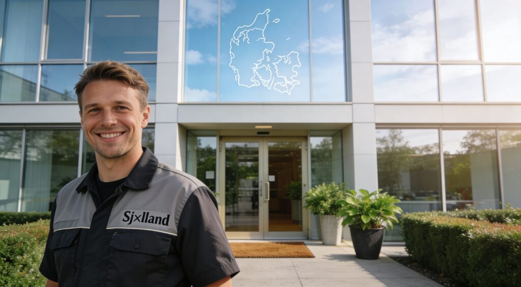 Dansk erhvervsservice medarbejder foran kontorbygning med logo og Danmarkskort.