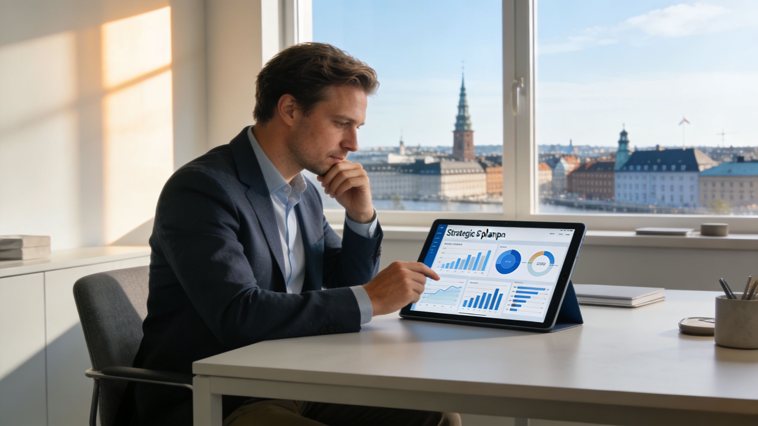 Forretningsmand i København, der gennemgår en strategisk plan på en tablet foran en panoramavindue med byudsigt.