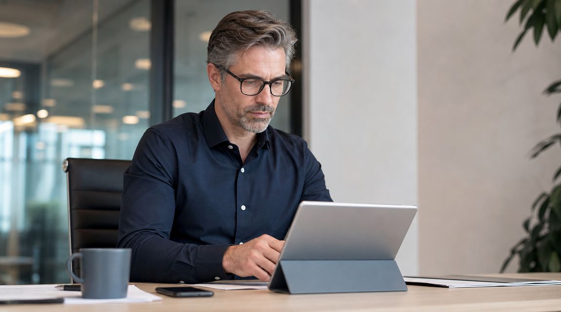 En moden forretningsmand med briller arbejder fokuseret på sin tablet ved et skrivebord på et kontor.