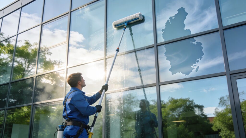 Vinduespudser rengør store glasfacader med teleskopskaft.