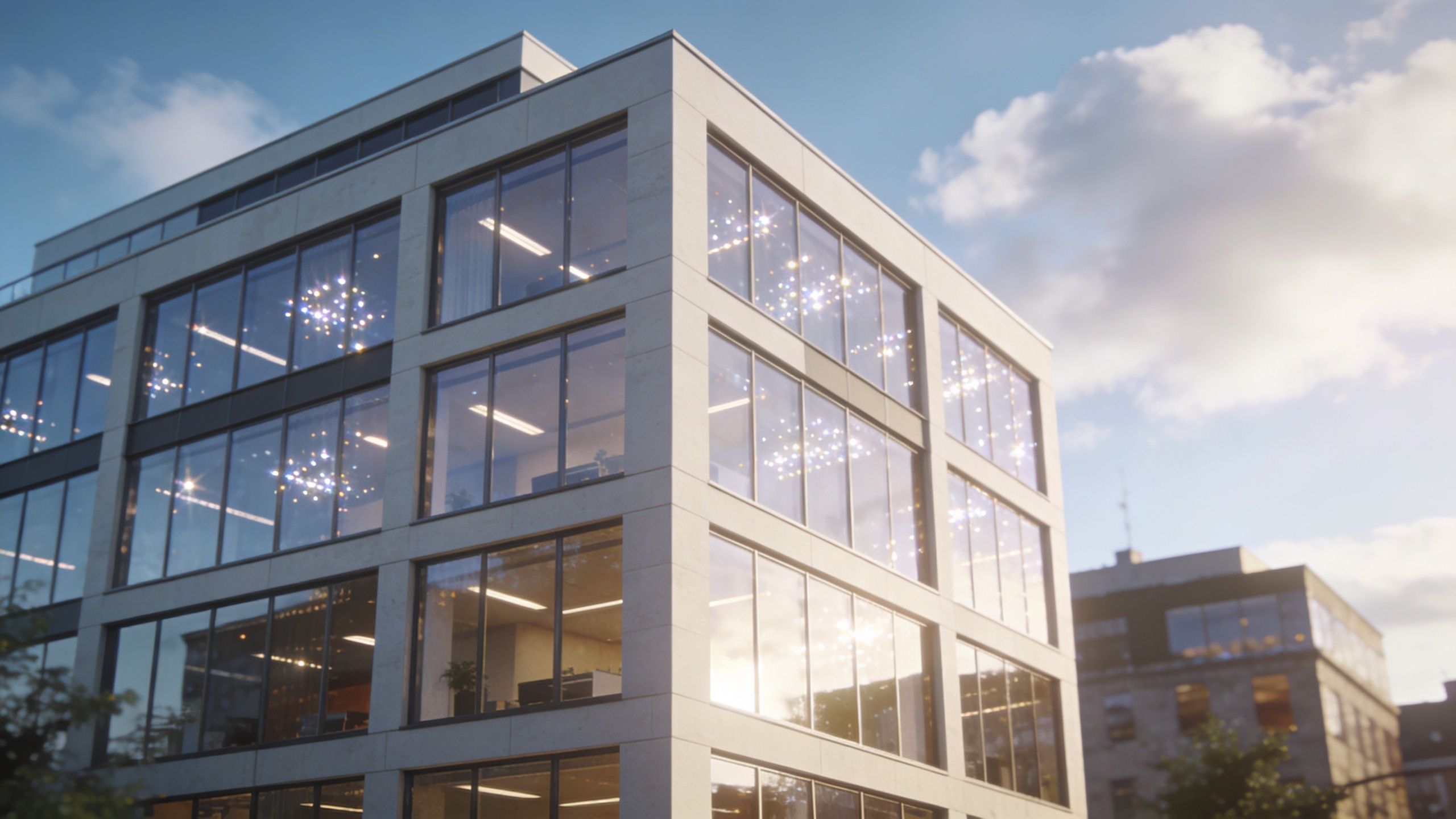 Moderne kontorbygning med store glasfacader der afspejler himlen og de omkringliggende omgivelser i dagslys.