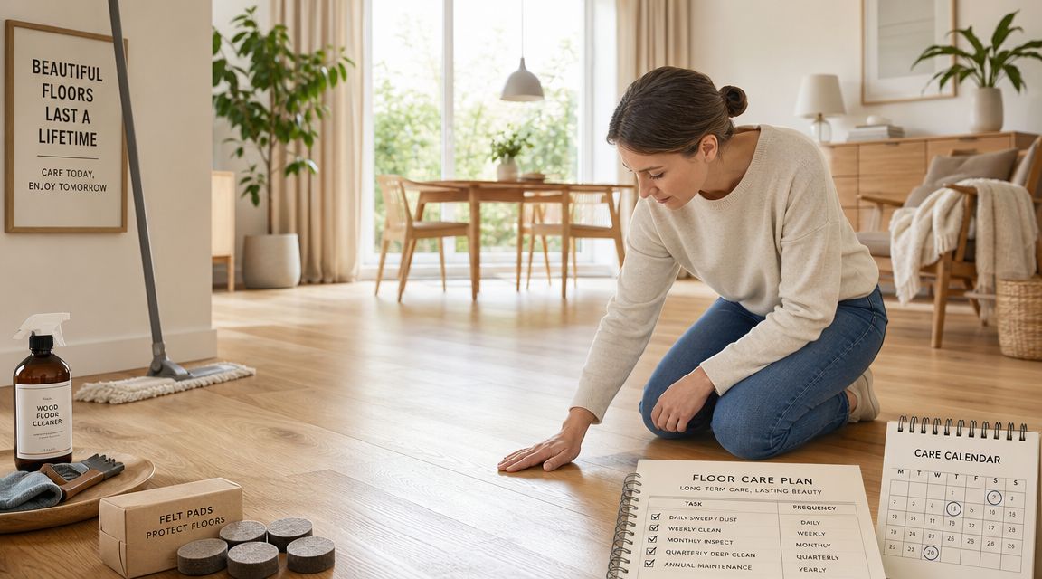 Kvinde på knæ der inspicerer et rent trægulv med en plejeplan og rengøringsudstyr i baggrunden.