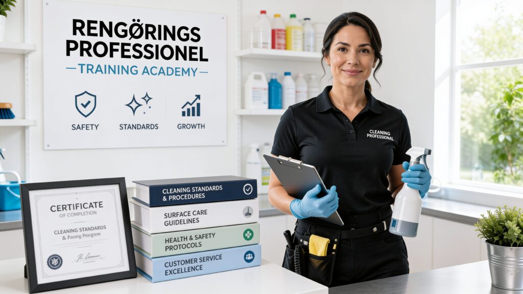 Kvindelig rengøringsprofessionel med rengøringsudstyr.