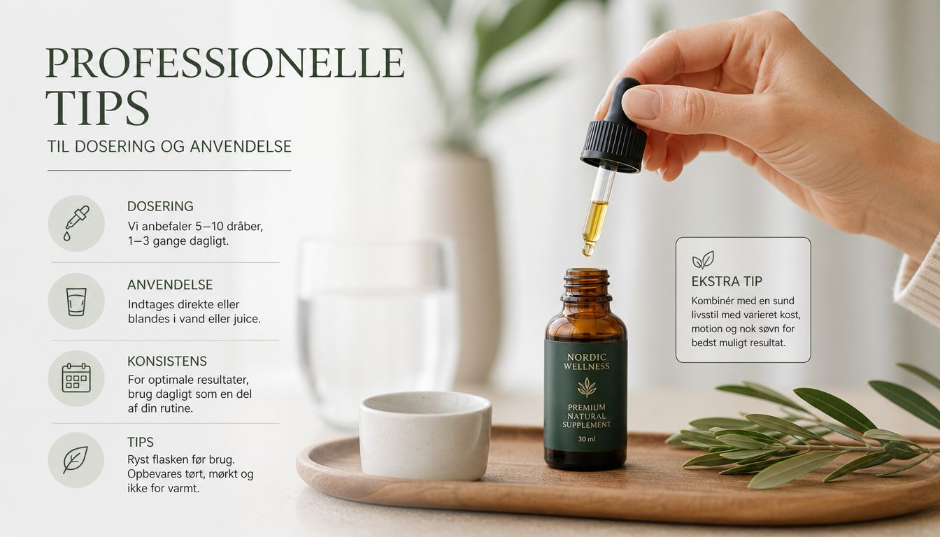 En kvinde der holder en pipet med dråber over en flaske med naturligt kosttilskud fra Nordic Wellness.